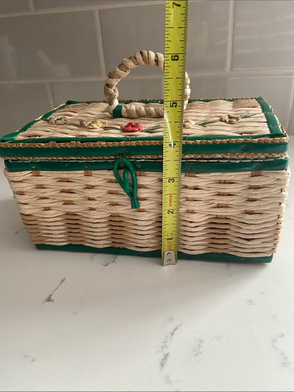 Vintage 1950s Woven Sewing Basket Green Floral Raffia